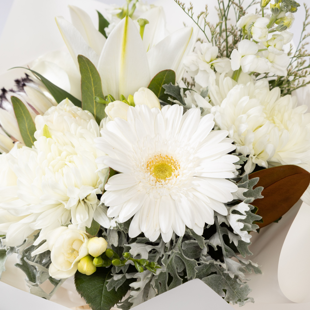 Neutral Bouquet in Water Filled Box - Edelweiss Flowers